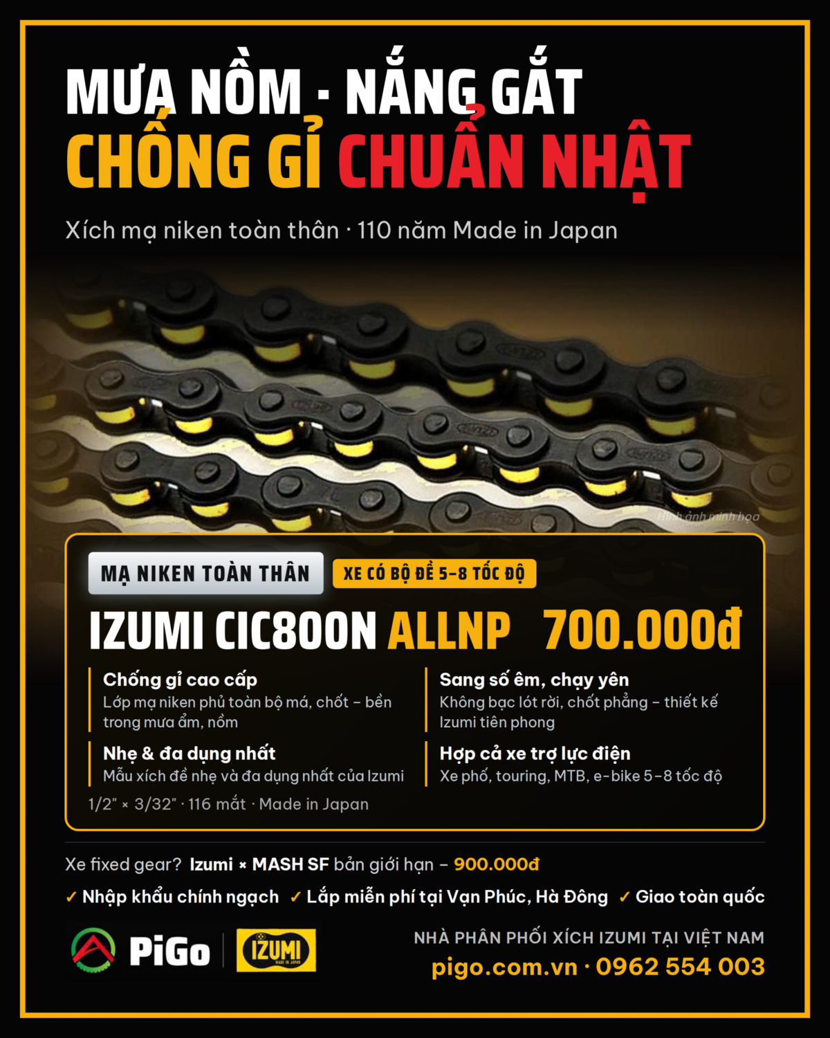 Xích Izumi CIC800N ALLNP mạ niken 1/2 x 3/32 cho xe 5-8 tốc độ